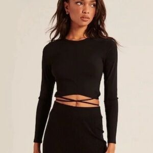 Abercrombie & Fitch Black Ribbed Long Sleeve Tie Waist Top Size Small